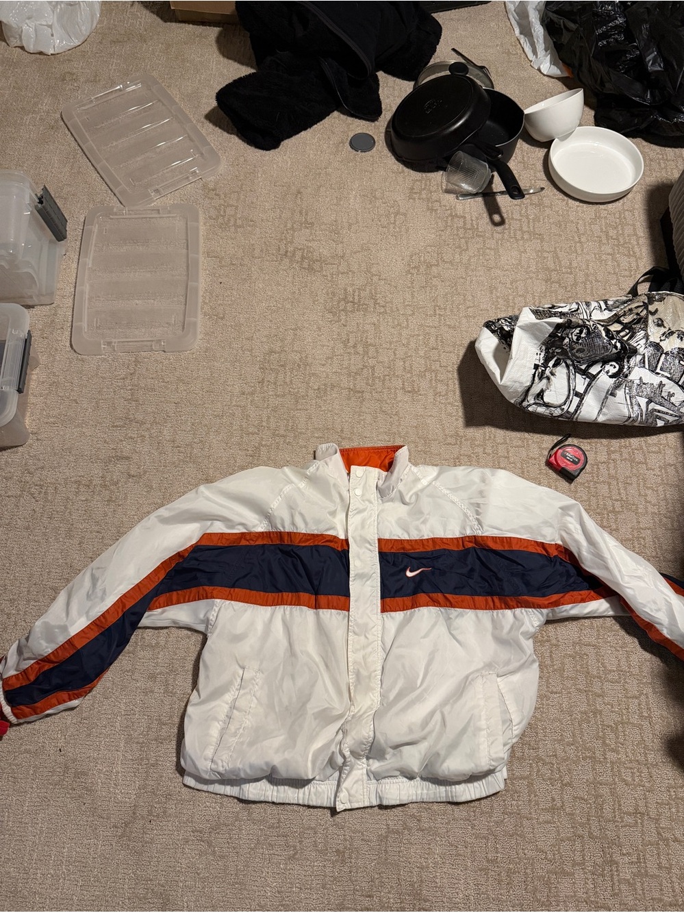 Rare Y2K VINTAGE Nike White Windbreaker with Navy and Orange Stripes